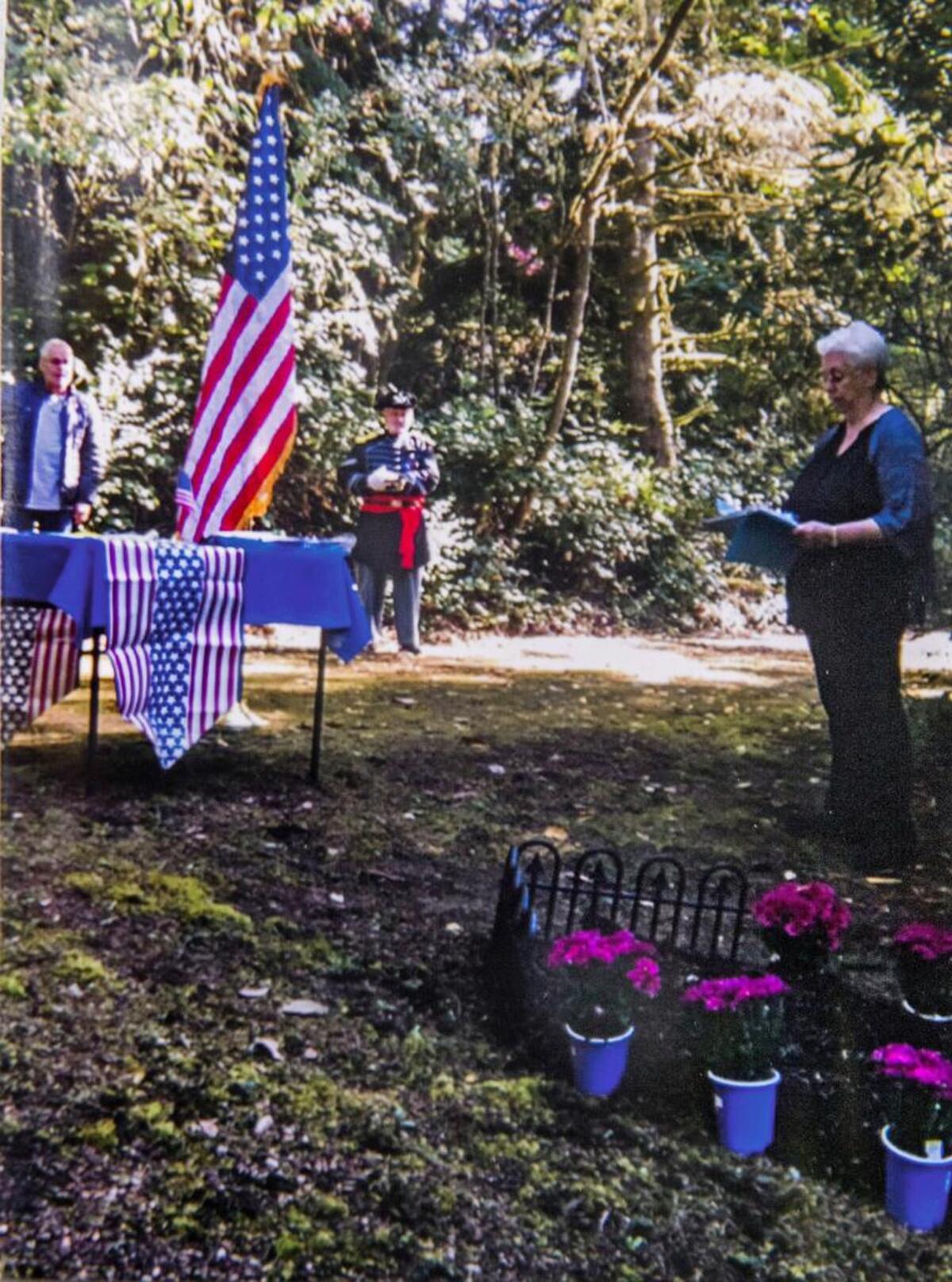 Kathy Veasey is improving the graves of civil war soldiers buried at the Gig Harbor Cemetery and she recently organized this ceremony at the newly re-done gravesite of Hannibal Bickford.