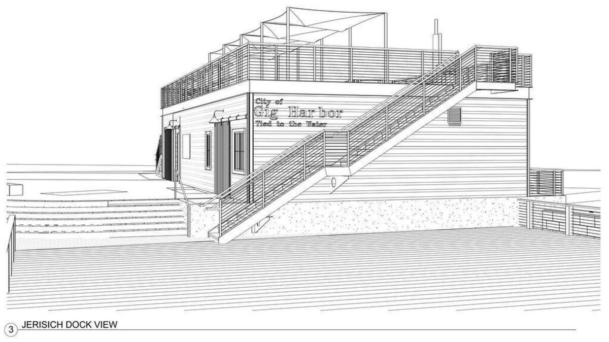 The design view of the replacement lift station and welcome plaza from Jerisich Street.