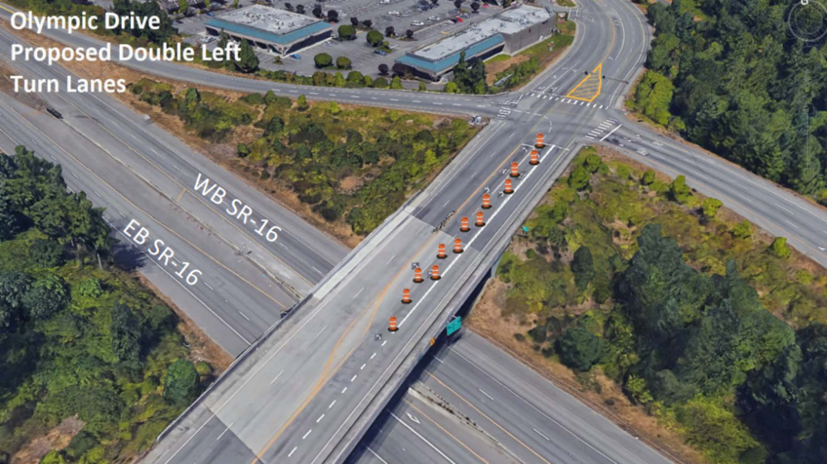 Restriping of the Olympic Drive overpass is scheduled to occur overnight from July 17 to 18 to add double left turn lanes onto westbound state Route 16 to relieve congestion.