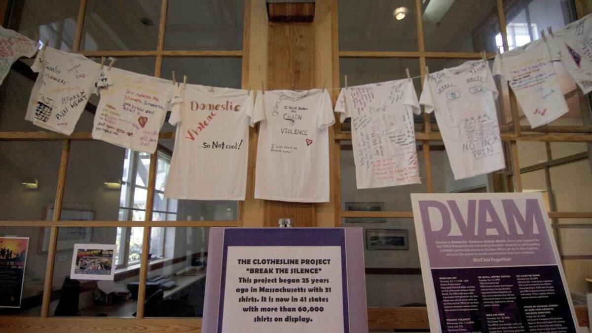 Domestic Violence Awareness Month has the Clothesline Project’s “Break the Silence” T-shirts on display at the Gig Harbor Civic Center. The T-shirts carry powerful messages about domestic violence and the pain it causes.