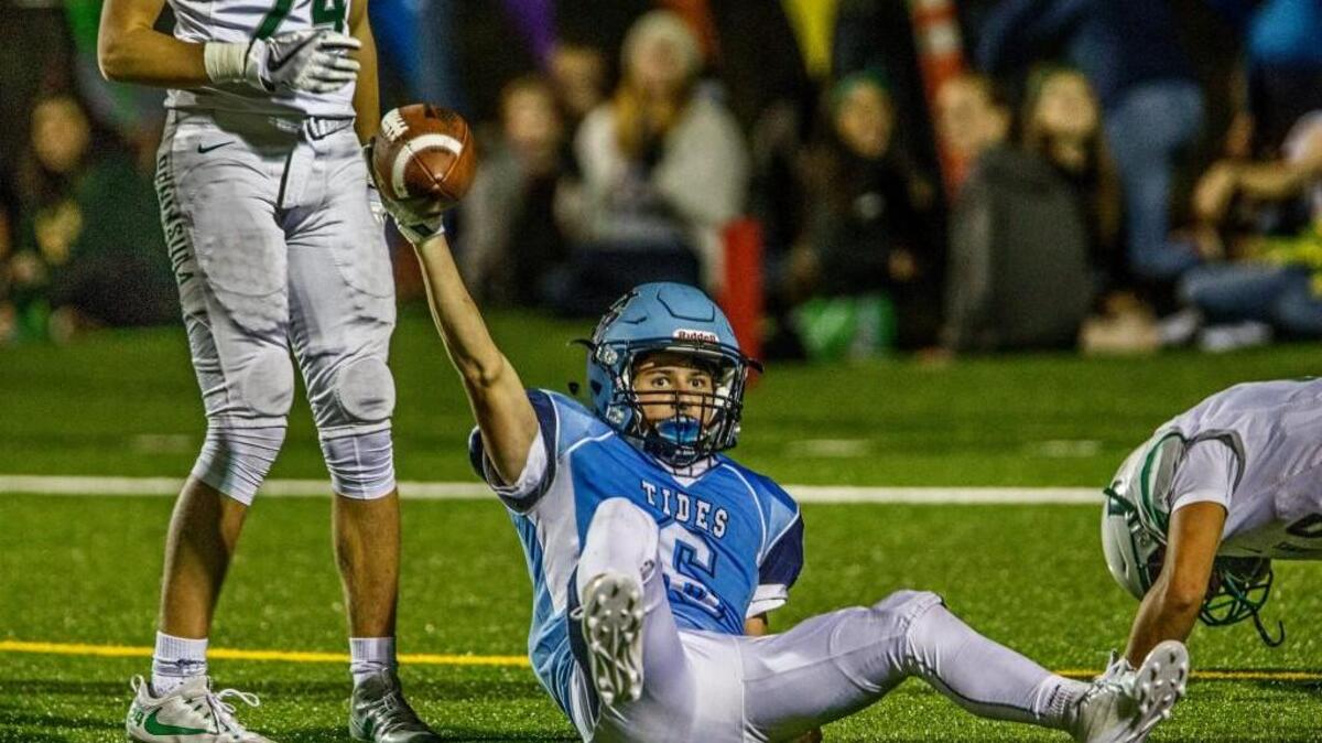 Tides wide receiver Ryan King (6) celebrates a touchdown in the third quarter of the Fish Bowl. King has been one of Gig Harbor’s most dynamic players so far this season.