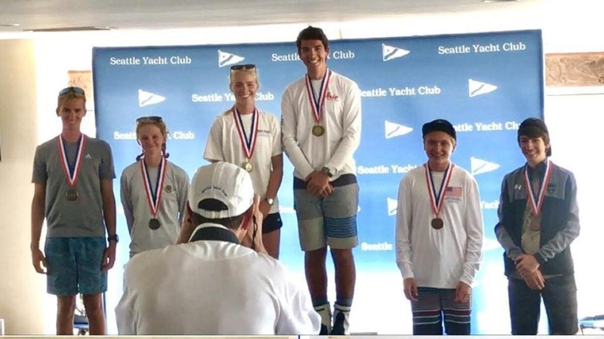 Gig Harbor Junior Sailing had a strong showing at a Seattle sailing festival over the weekend, teaming up with the Tacoma Racing Team to bring home several medals. The four athletes on the right side of the photo represented the Gig Harbor team. From left: Julia Sherry, Alyosha Strum-Palerm, Axel Stordahl and Peter Ryalls.