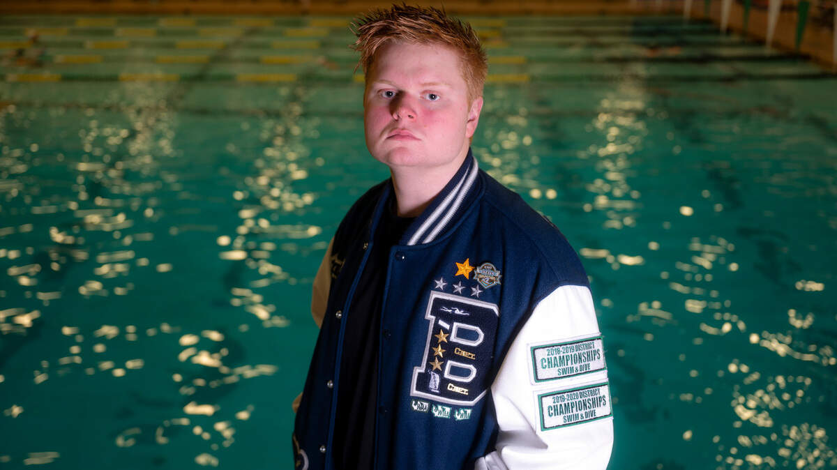 Taggart Messersmith, a senior a Bellarmine Prep and swimmer at Peninsula High School, poses for a portrait at the Peninsula pool on Monday in Gig Harbor.
