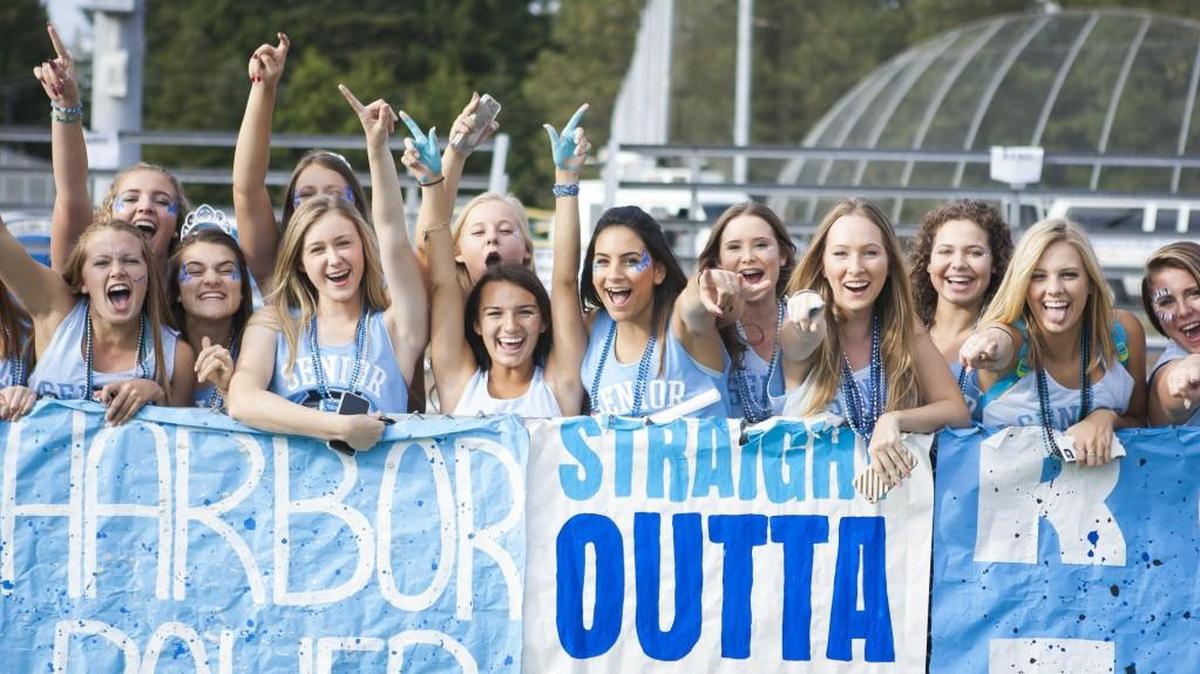 Enthusiastic Gig Harbor High School fans at the 2016 Fish Bowl. Gig Harbor High dropped down to Class 3A and joined the South Sound Conference prior to the 2016-17 school year.