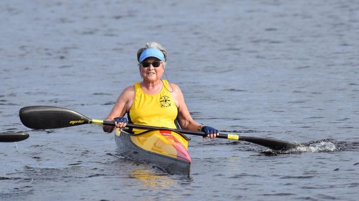 Eighty-year-old Gig Harbor resident Bee Dietz competes for the Gig Harbor Canoe and Kayak Race Team earlier this month in Clermont, Florida.