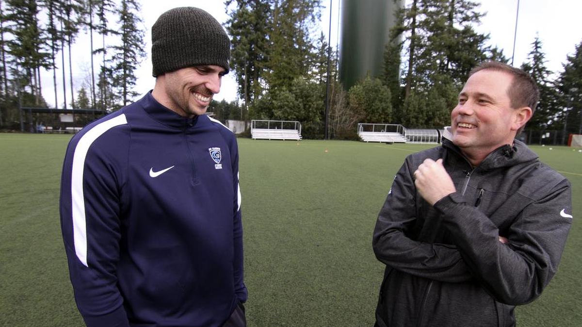 Tally Hall has been helping out at Tides practices early in the season. Hall last played for Orlando City SC in Major League Soccer during the 2015 season. Hall shares a light-hearted moment with coach Todd Northstrom last Monday afternoon at the team’s practice.