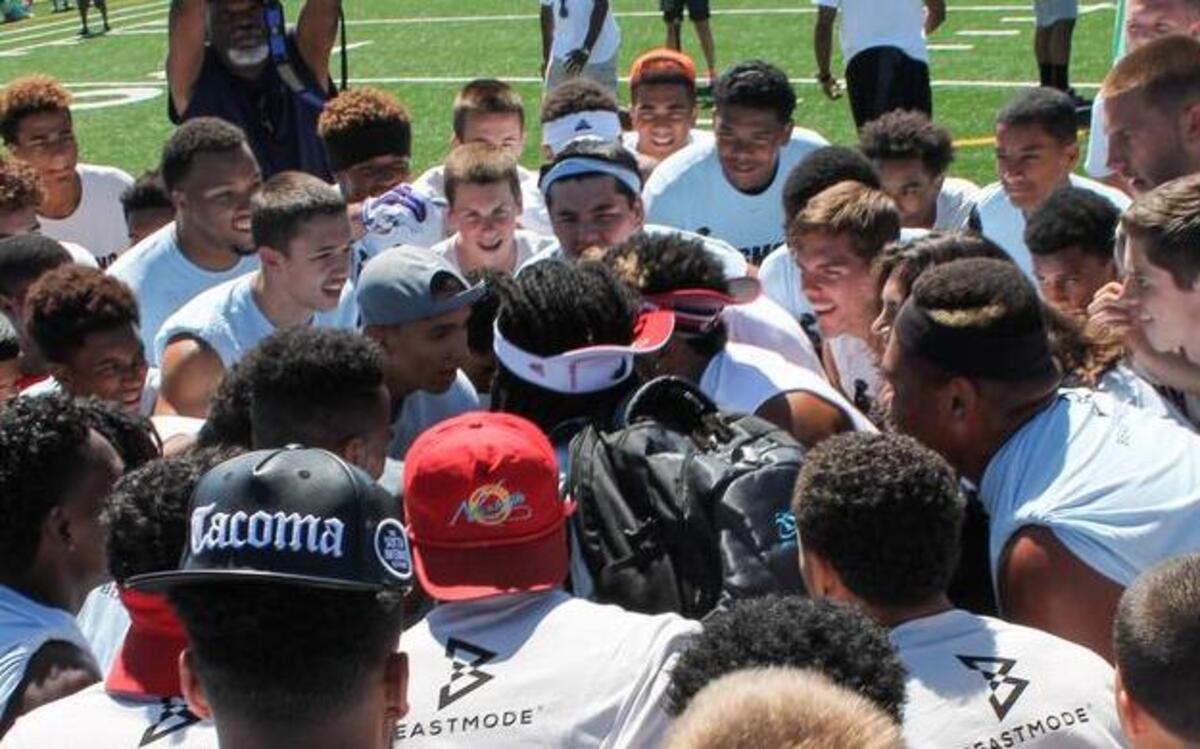 
Atlanta Falcons cornerback Desmond Trufant leads a pre-camp huddle on Saturday at Wilson High.
