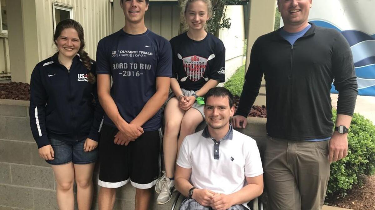 From left, GHCKRT athletes Olivia Crocker, Ryan Grady and Catherine Wilborn, Danzig (Ziggy) Norberg (seated) and coach Aaron Huston. The four athletes have been selected to represent Team USA at the 2017 Junior World Championships in Pitesti, Romania in July.