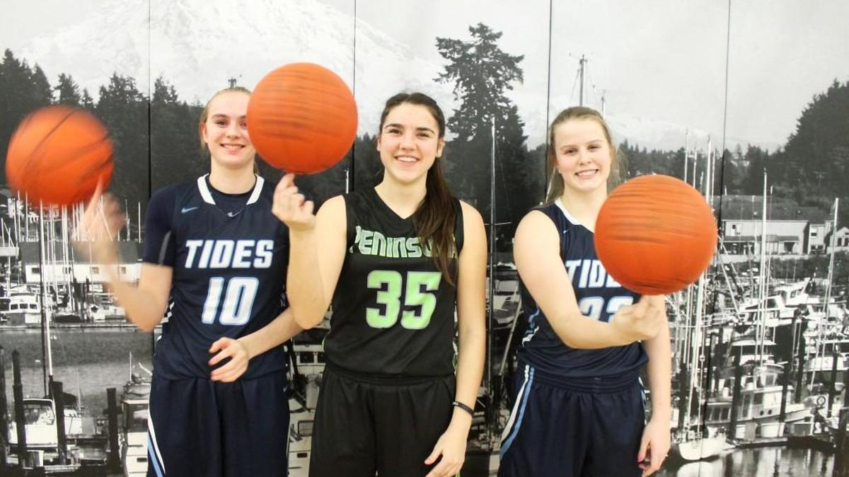 From left: Gig Harbor’s Brynna Maxwell, Peninsula’s Belle Frazier and Gig Harbor’s Maddie Willett have all passed 1,000 career points this season.