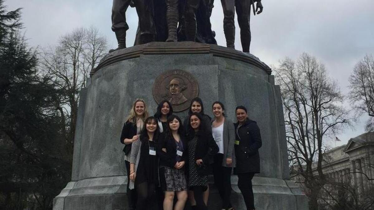 Students Julieta Oritz-Bulstillios, Daniela Cesar, Rosie Mendoza, Angelica Gutierrez, Elissia Rocha and Destiny Villapanola from the Peninsula High School and Gig Harbor High School’s Latino clubs, along with their chaperones, Alyse Yeaman and Sonia Nicholson, visited Olympia for the annual LEAP Conference, “Strive to Thrive —The Brown Excellence Revolution.”