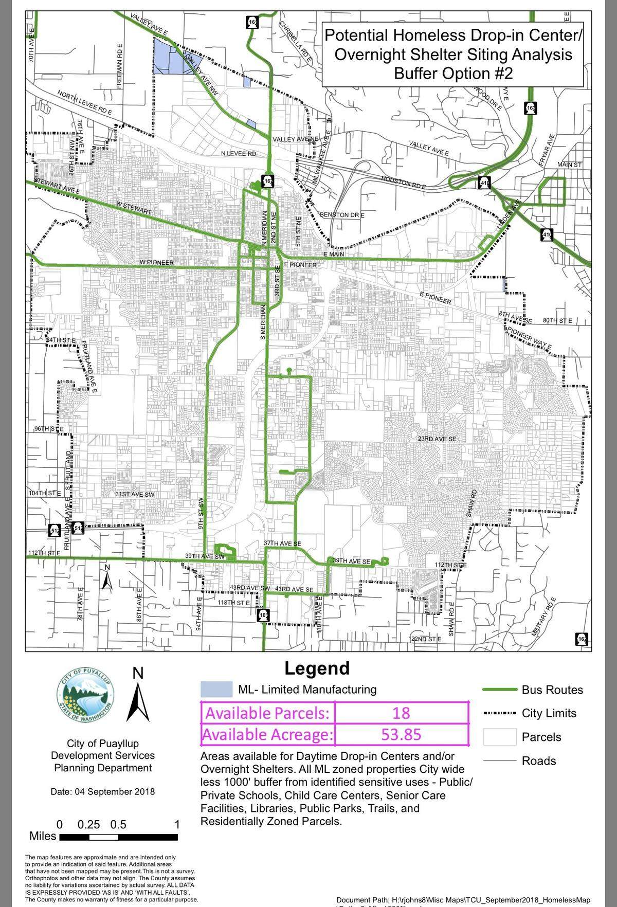 Puyallup City Council voted to move forward on an ordinance related to zoning for homeless-serving drop-in centers and overnight shelters on Sept. 12. The map approved permits homeless-serving facilities only in the Limited Manufacturing zone district with a 1,000-foot buffer between sensitive uses, leaving 18 available parcels within city limits.