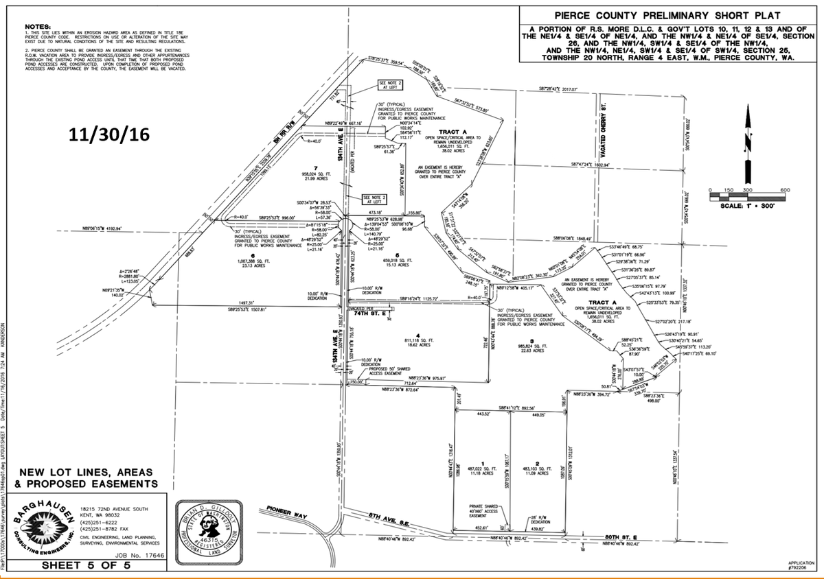 Pierce County approved a Preliminary Short Plat of the Knutsen Farms Industrial Park Project in May 2017.