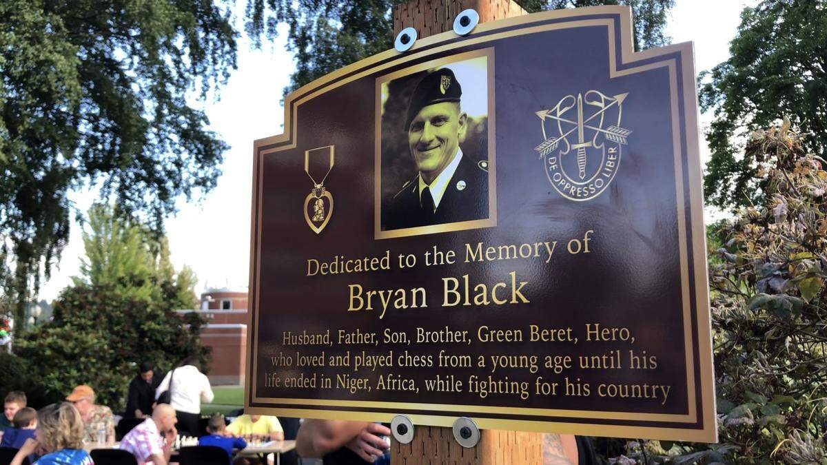 Staff Sgt. Bryan Black, an avid chess player who was killed in an ambush in Niger last year, is remembered with a permanent chess table memorial at Pioneer Park in Puyallup. July 5, 2018