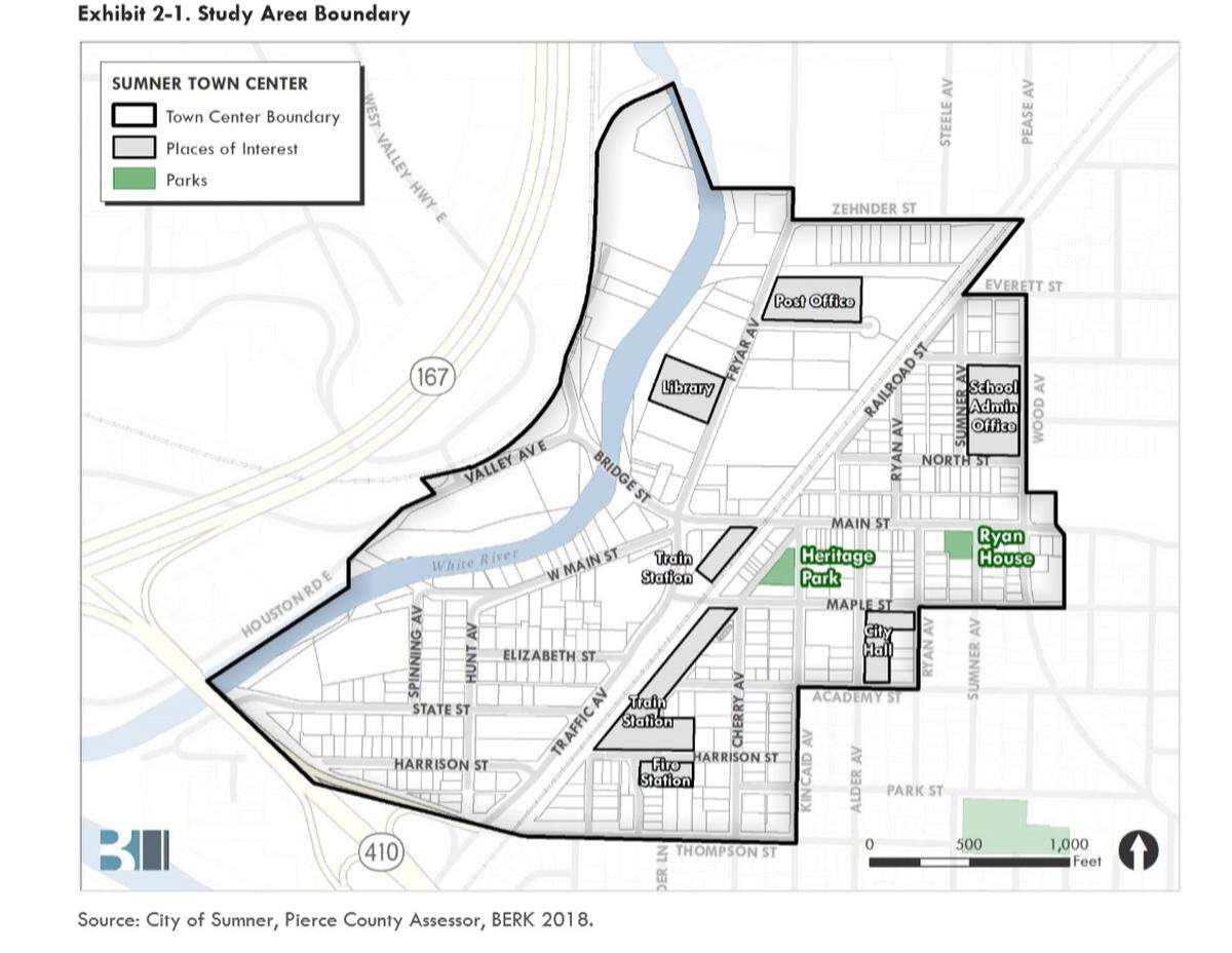 A map from the city of Sumner’s Town Center Plan, which accounts for growth downtown, shows the boundaries in which the changes in required parking for developers applies.