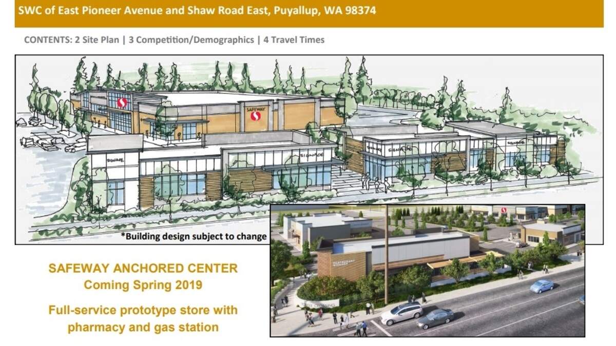 A rendering from PMF Real Estate Services shows the Pioneer Crossing Shopping Center on Shaw Road East and East Pioneer in Puyallup. The shopping center is made up of a new Safeway and five other retail/restaurant buildings. It’s expected to be completed in 2019.