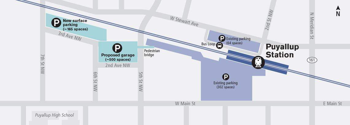A Sound Transit map shows the location of a new parking garage near the Puyallup Sounder Station. The parking garage is part of a improvements project by the agency.