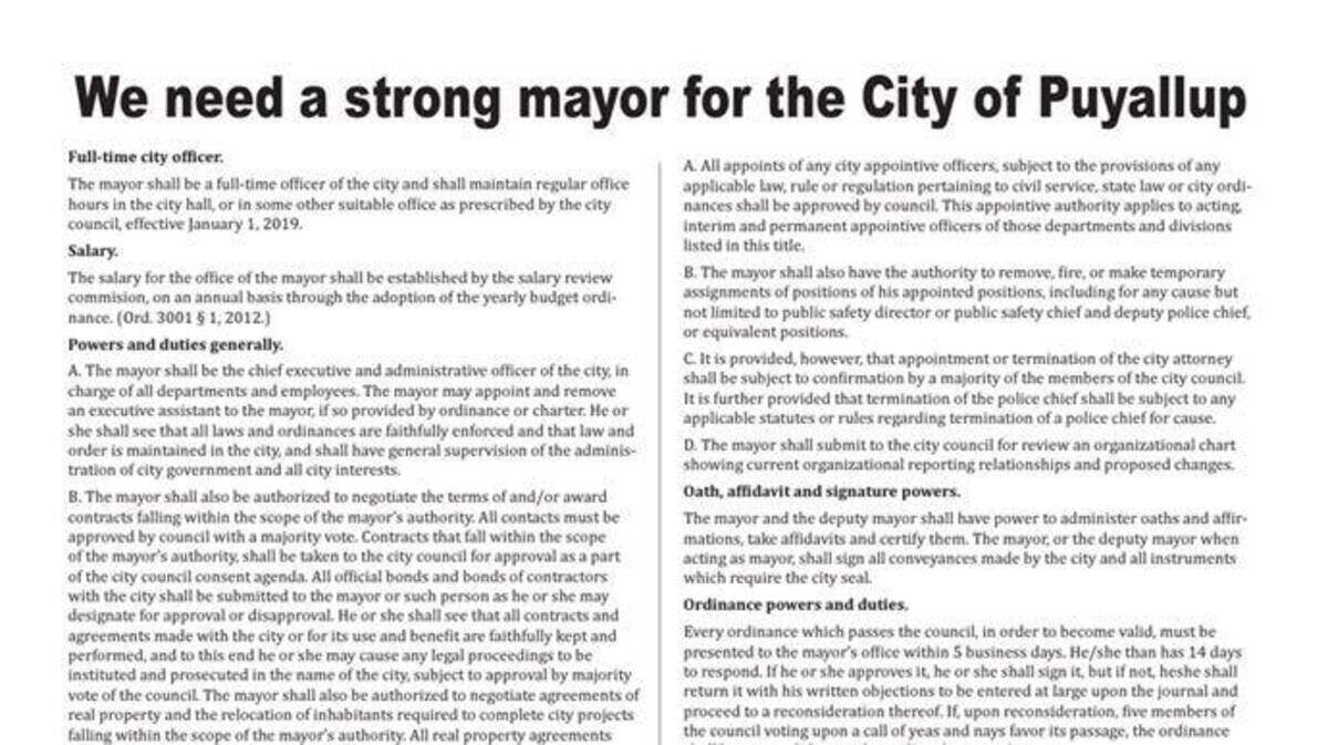 A screen shot of the petition spearheaded by Puyallup resident David Prutzman aims to change Puyallup’s form of government to a “strong mayor” form of government, allowing citizens to elect their own mayor. Currently, Puyallup City Council is responsible for hiring a city manager to run the city, and the mayor role is mostly ceremonial.