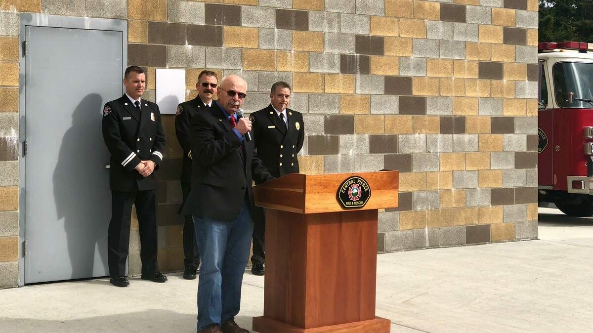 Retired battalion chief Wayne Garden speaks at a dedication ceremony on Sept. 22, 2018. Central Pierce Fire & Rescue named its newly-built training tower after Garden.