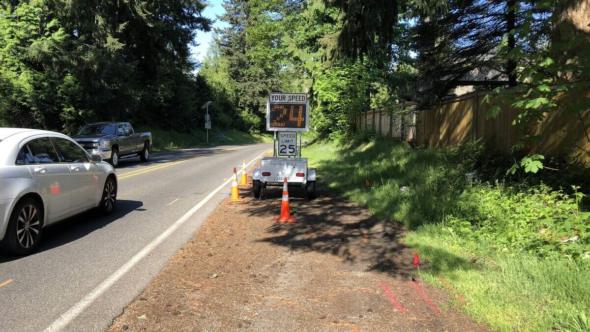 A Puyallup police radar speed sign is set up along Wildwood Park Drive near Ferrucci Junior High School. The city of Puyallup has identified 10 streets downtown that could receive crossing enhancements and traffic calming to make them safer to walk on.