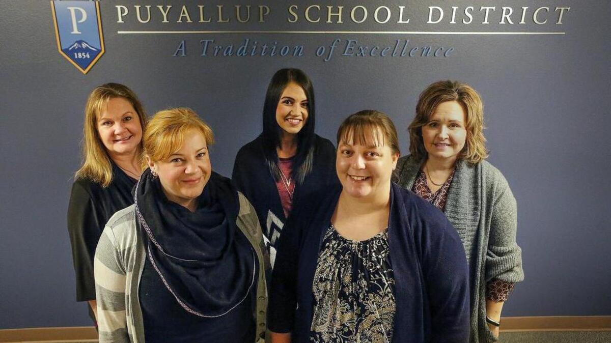 Rhonda Knudson, Tyler Ann Maringer, Krista McBride, Melissa Hooker and Johna Noble, from left, are tasked to fill substitute positions within the Puyallup School District.