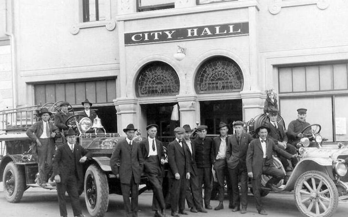 
Members of the Puyallup Fire Department stand in front of the old city hall for a photograph taken in 1918.
