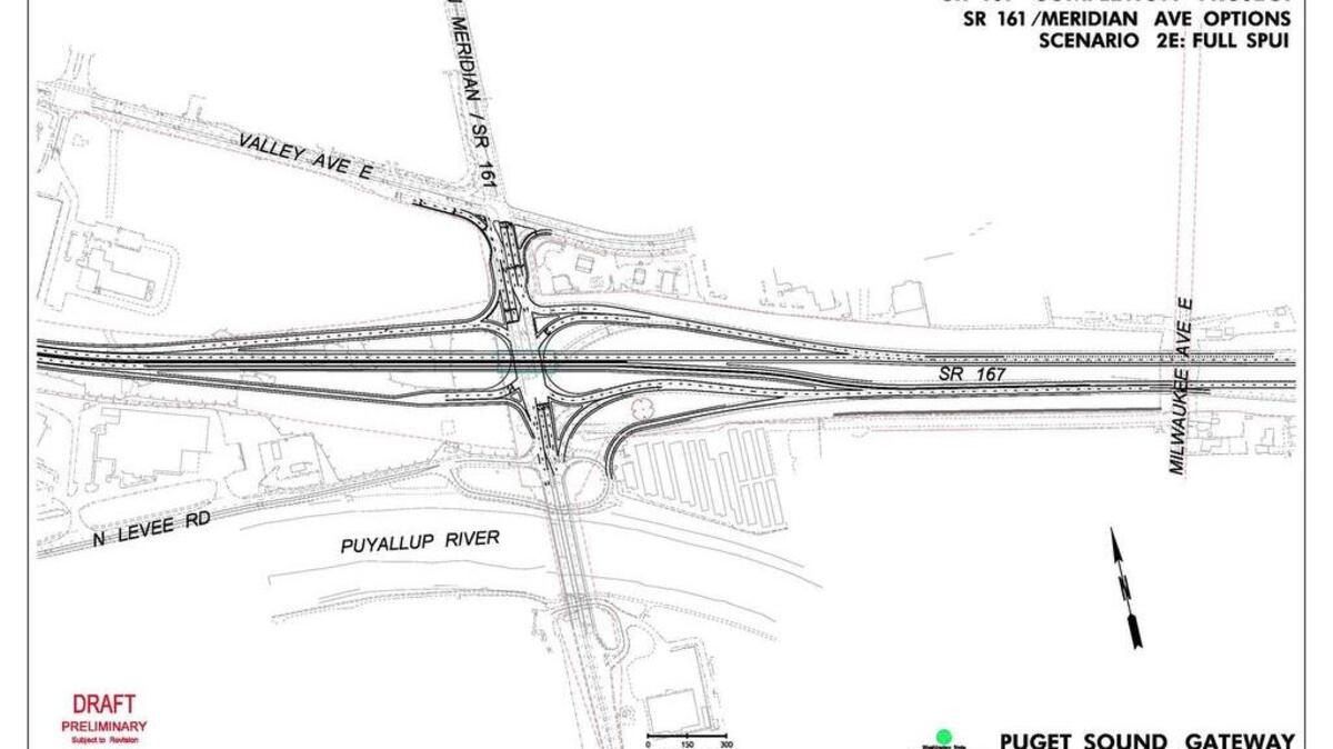 A full single-point urban interchange allows for on- and off-ramps on both the east and west sides of state Route 167. This is the preferred model for Puyallup representatives.