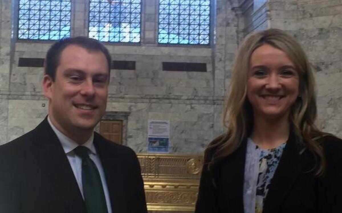 25th District State Reps. Hans Zeiger and Melanie Stambaugh, R-Puyallup, gather for a photo last week at the state Capitol.