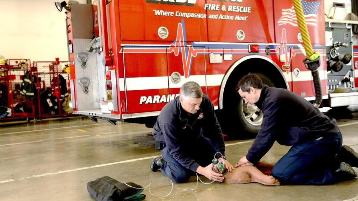 East Pierce Fire & Rescue firefighters Lt. Brad Dyson, left, and Ben Pieper demonstrate how a pet oxygen mask is used on a CPR dog mannequin named Emily. The department has plans to hire additional staff members to create a fifth paramedic unit in an effort to lower response times to calls, which are continuing to increase in frequency as the East Pierce area grows in population.