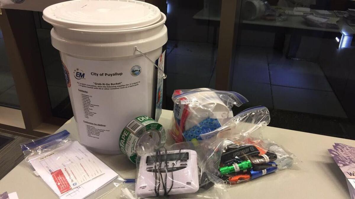 At the Hazard Mitigation Plan open house on Nov. 14, city of Puyallup staff informed citizens on how to make their own “Grab-N-Go Bucket” to prepare for emergencies or evacuations due to natural or man-made hazards.