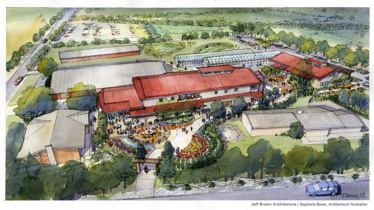 An aerial watercolor rendering depicts the Germaine Korum Center for Women and Children. In the background lies Van Lierop Park.