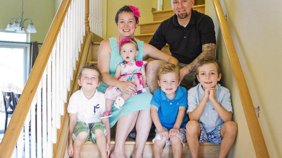 Sarah Golbeck with her husband, Dan, and children, from left, Jack, Harper, Logan and Riley gather for a family photo at their Bonney Lake home. In 2015, Sarah was diagnosed with breast cancer. She is the recipient of funds raised through the 2016 Lise and Faith Memorial Run.