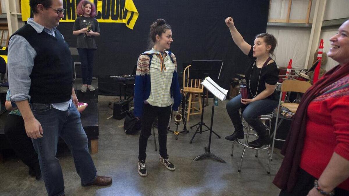 Act 1 Theatre members Dan Lynse, Sophia Carlson, Helene Minassian, Molly Barnes and Petra Karr, from left, gather during rehearsal.