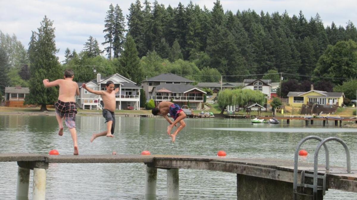 Teenagers jump off the dock into Lake Tapps at Allan Yorke Park in Bonney Lake. Cascade Water Alliance has agreed to invest up to $10,000 for a minimum of 400 additional sign posts to be placed on private parties pre-selected by East Pierce Fire.
