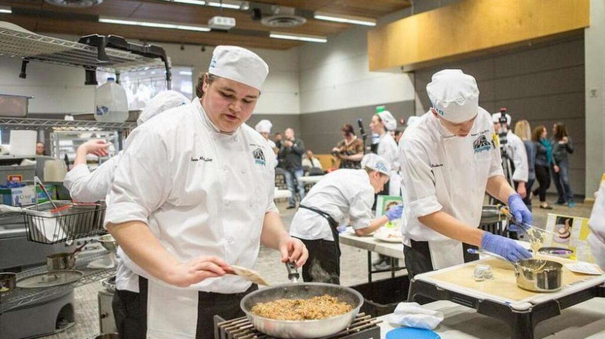 Bonney Lake High School senior Gavin McCulley cooks during the culinary portion at the 2017 Washington Prostart Invitational.