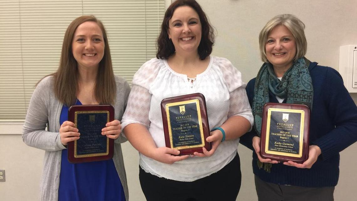 Colleen Pancake, left, Katie Ventura and Kathy Guimond were recognized at the Puyallup School District board meeting on Nov. 6 as Teachers of the Year for the 2017-18 school year.
