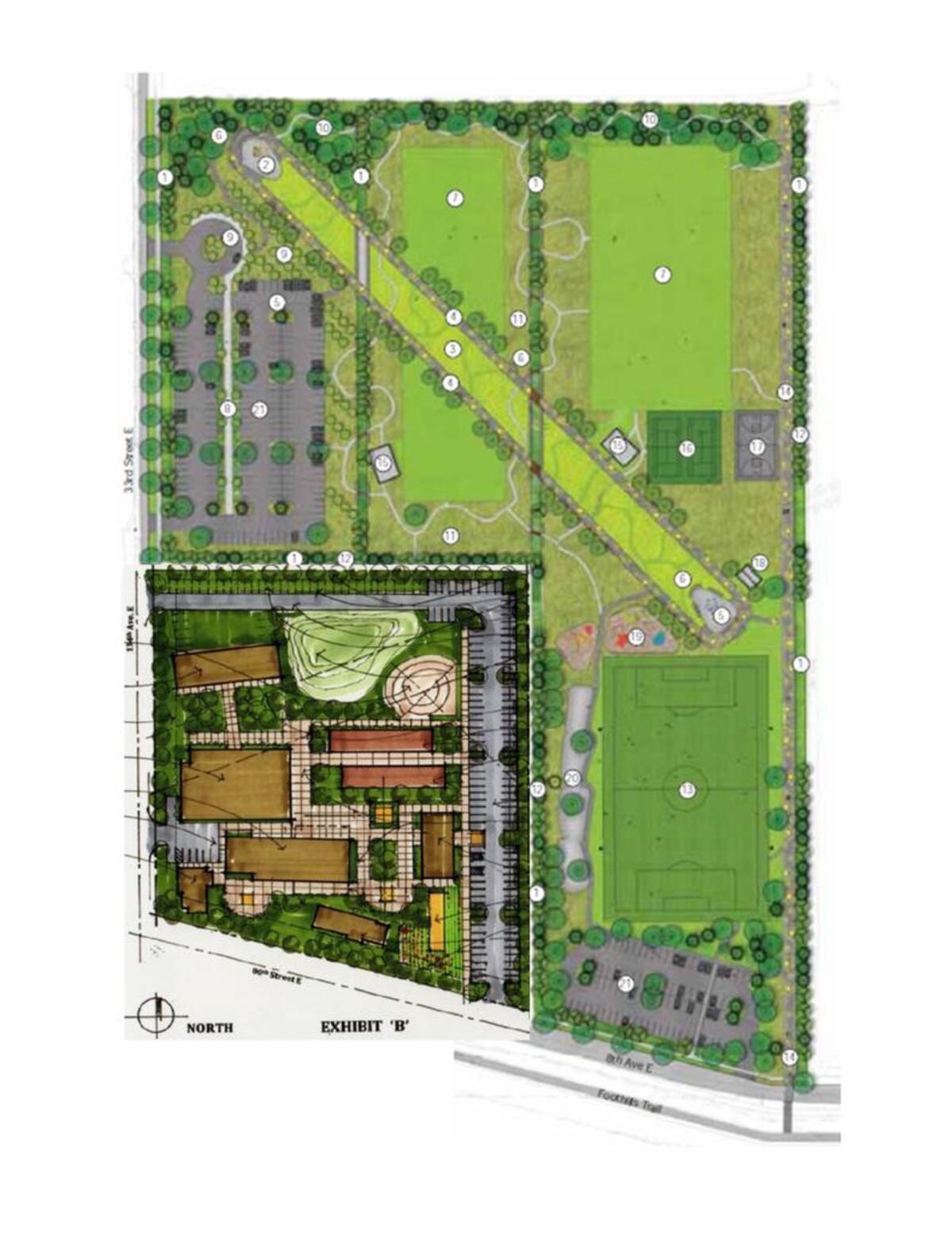 In the development agreement between the city of Puyallup and nonproft Step By Step, a diagram shows the Germaine Korum Family Center and Van Lierop Park designs side by side and how they would both play a role as a new community hub.