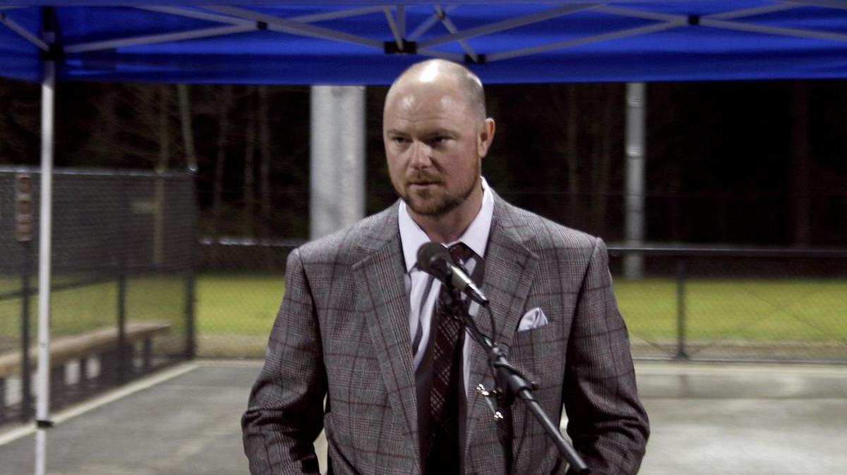 Jon Lester speaks at the Feb. 16 ceremony on South Hill.
