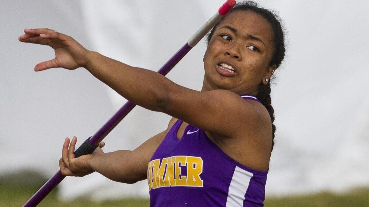 Sumner High’s Rhaven Dean throws the javelin while competing in the Class 3A girls javelin event at Star Track XXXIV at Mount Tahoma High School in Tacoma on Thursday, May 25.