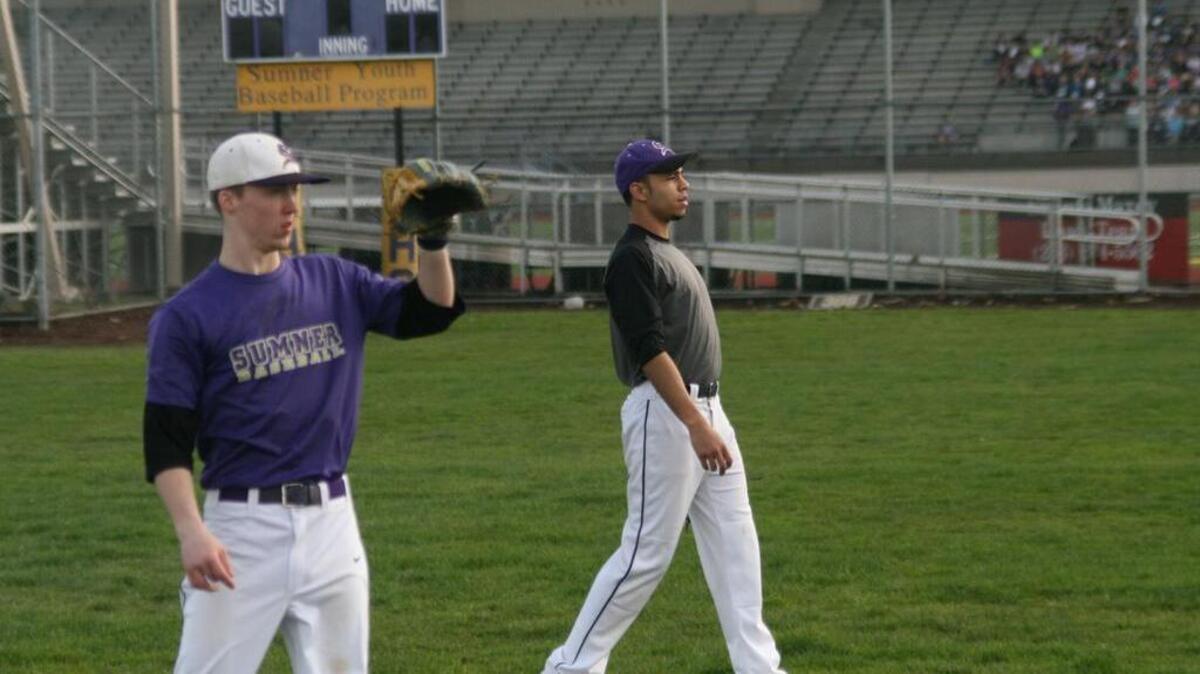 Noah Massey, front, and Josiah Fidecaro have become a strong middle infield duo over the beginning of Sumner High’s season as they have combined to turn seven double plays so far.