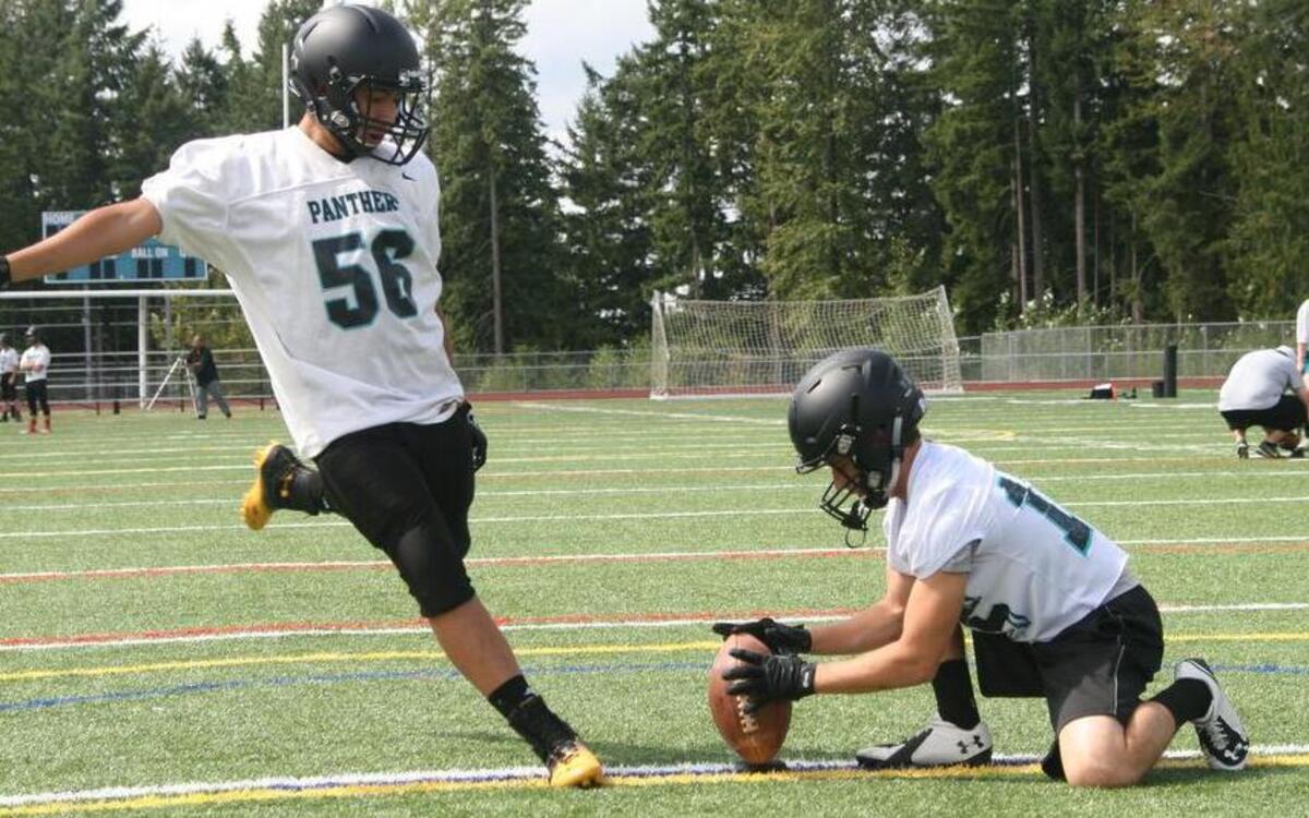 
Bonney Lake High senior Jacob Rasher squares up for a kick last week at practice. This is his first year kicking a football, but early feedback from the coaching staff has been overwhelmingly positive.
