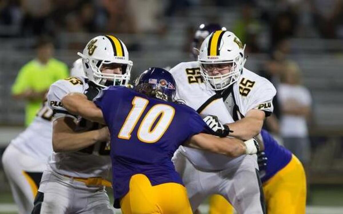 
Emerald Ridge High grad Cody Erpelding (65) has played well since becoming a starter at left tackle on the Pacific Lutheran University football team’s offensive line.
