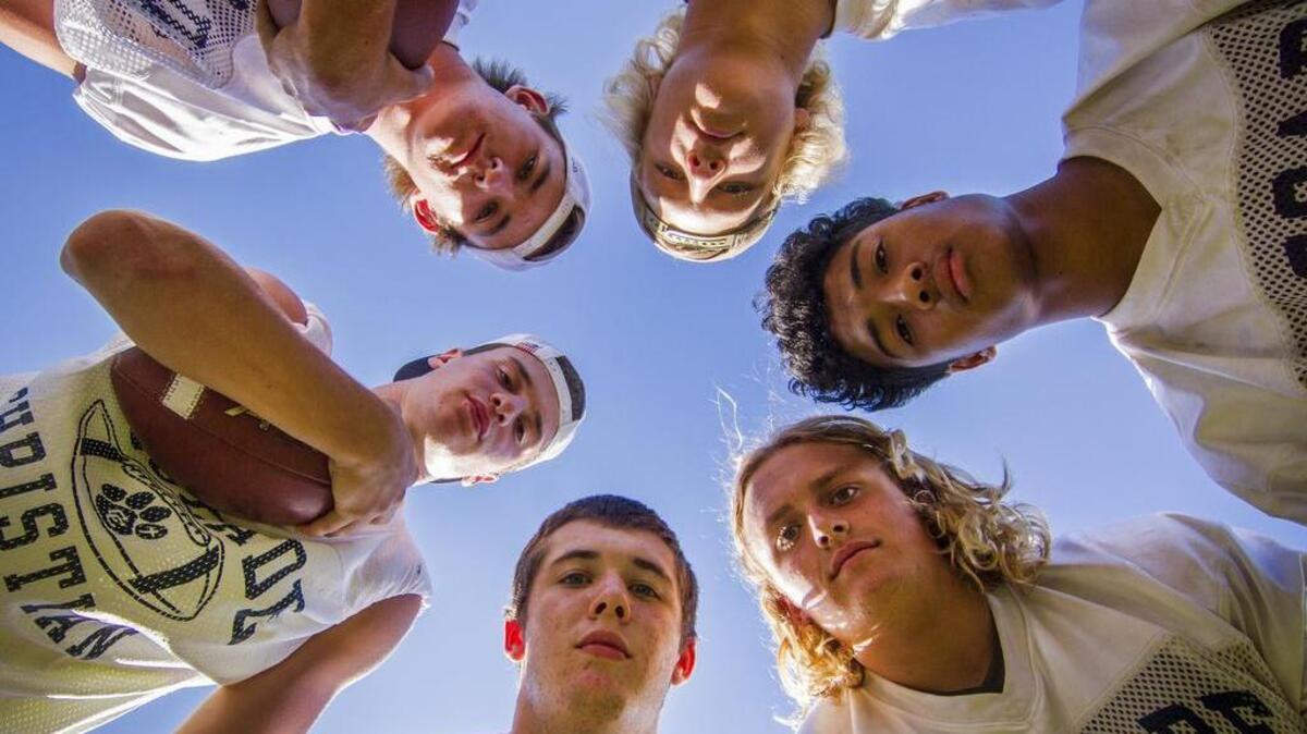 Clockwise from top left: Cascade Christian High defensive players Austin Carder, Madden Tobeck, Tyquan Coleman, Corbin Nohr, Tanner Carle and Zackery Bartolome.