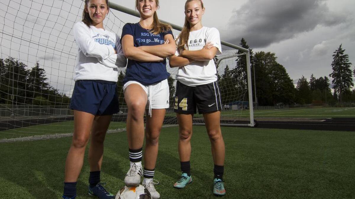 Rogers High soccer players Bailey Tompkins, Haleigh Thompson and Bekah Barkley, from left, will play key roles for the Rams this season.