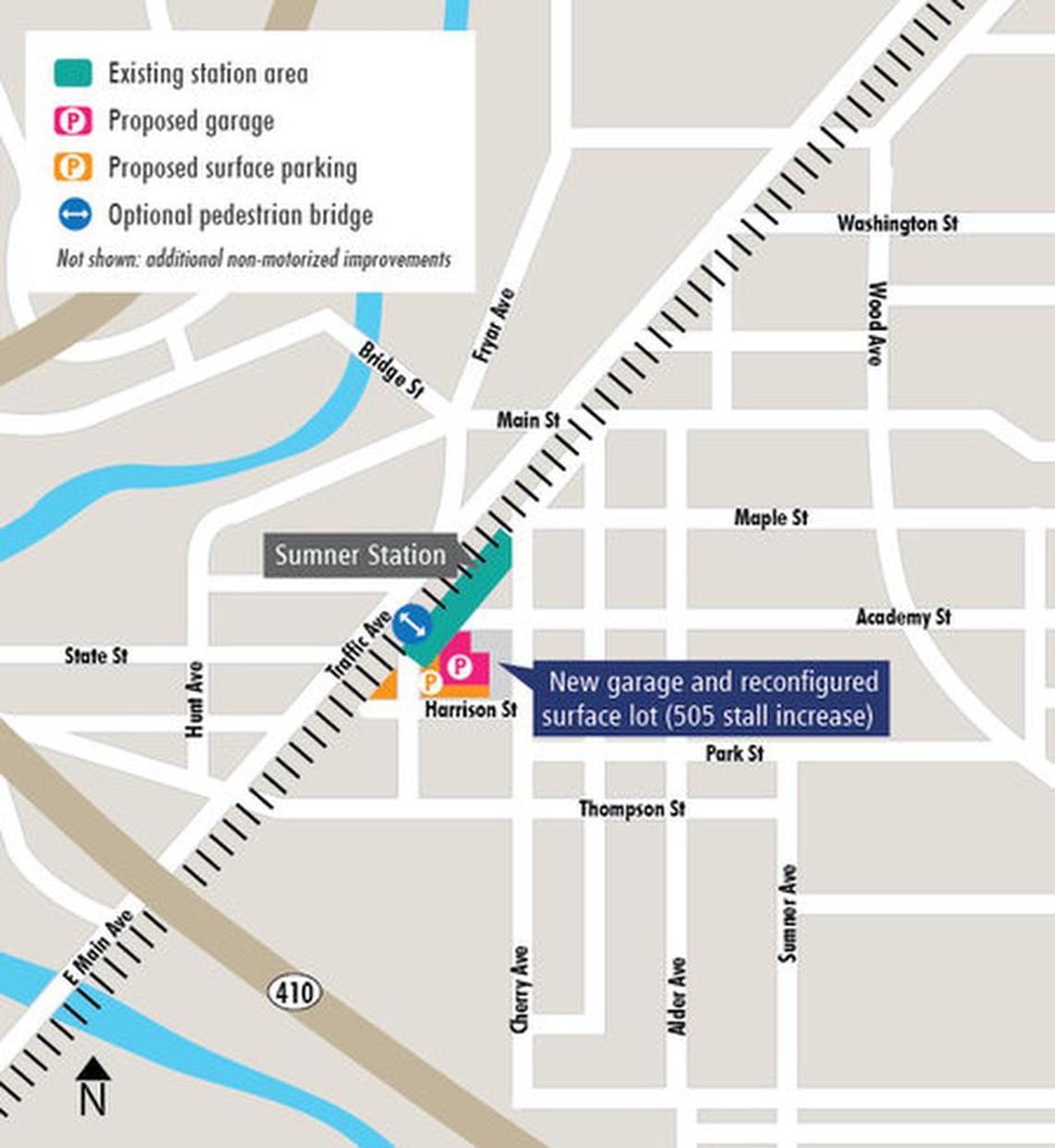 Sound Transit’s work on for improvements to the Sumner Sounder Train Station will provide easier access for drivers, bicyclists and pedestrians. The project includes the construction of a 623-stall parking garage downtown along Harrison and Narrow streets.