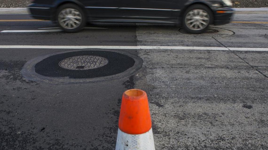 A car drives along 136th Avenue East connecting Pacific and Sumner on Friday. Reconstruction of the of 136th Avenue East and Valentine Avenue SE from 24th Street East in the city of Sumner to County Line and Division Road in the city of Pacific has been completed after 10 years.
