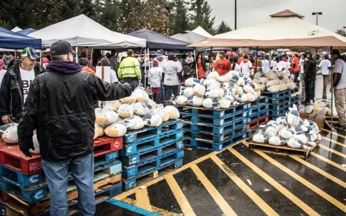 Turkeys filled pallet after pallet in the Fred Meyer store parking lot in Sumner during last year’s The Community Big Give event.