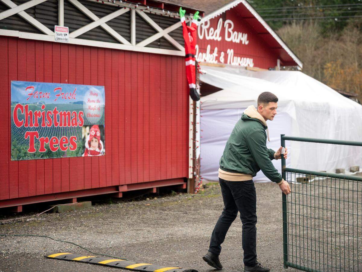 Dennis Kupchenko, 24, owner of the Red Barn near Puyallup, unlocks a gate for cars to enter the parking area at the Market and Nursery as it opened up on a December day.