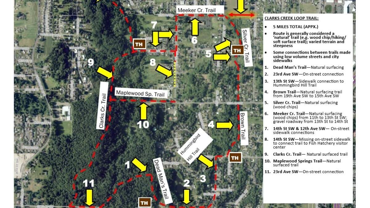 A map of the Clarks Creek Loop Trail connects seven segments of trails in Clarks Creek Park. The city of Puyallup celebrated the official completion of the trail in July 2018.
