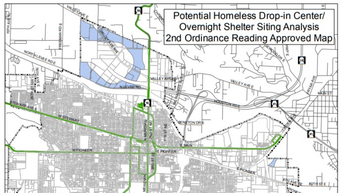 A map representing a zoning ordinance for homeless services shows the parcels in Puyallup that would allow drop-in or overnight homeless shelters to operate. October, 2018