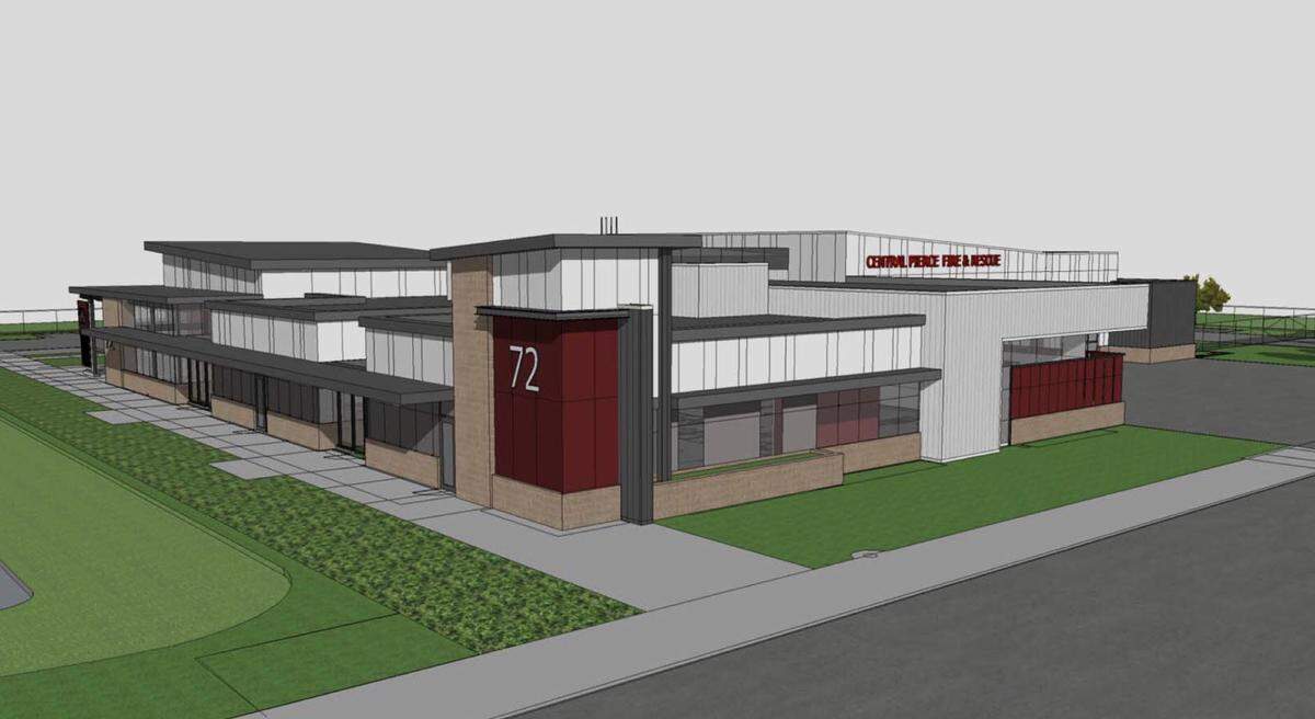 A rendering shows the design of the new Central Pierce Fire & Rescue Station 72, which is being built at 703 39th SE in South Hill.
